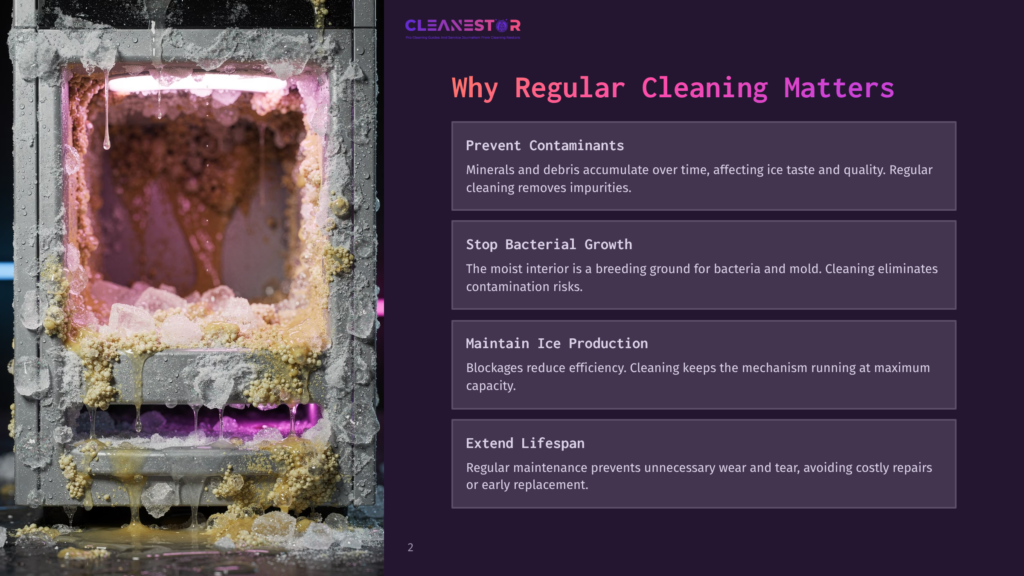 2 Why Regular Cleaning Matters 42 Close-Up Of A Dirty Ice Machine Interior With Accumulated Ice, Mineral Deposits, And Yellow Slime, Illuminated By Purple And Pink Led Lights. Text Overlay Reads &Quot;Cleanestor&Quot; And &Quot;Why Regular Cleaning Matters.
