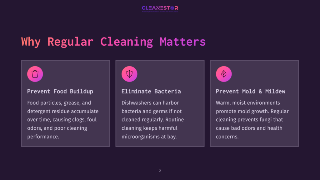 A Dark Purple Slide Titled &Quot;Why Regular Cleaning Matters&Quot; With Three Sections: &Quot;Prevent Food Buildup,&Quot; &Quot;Eliminate Bacteria,&Quot; And &Quot;Prevent Mold &Amp; Mildew,&Quot; Each With An Icon And Descriptive Text.