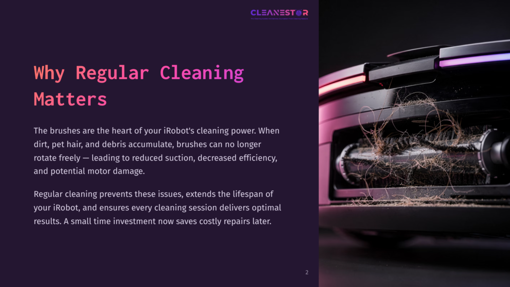 Close-Up Of A Robotic Vacuum Cleaner Brush Roll Clogged With Tangled Hair And Debris, With Purple And Pink Light Reflecting On The Machine.