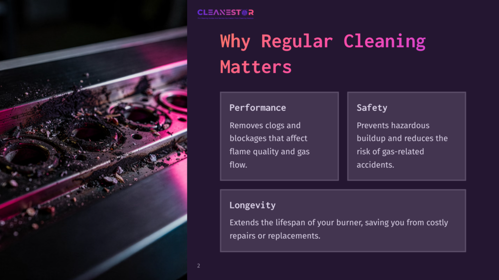 Close-Up Of A Dirty Gas Burner With Black Soot And Food Debris, Next To A Slide With Text About &Quot;Why Regular Cleaning Matters&Quot; For Performance, Safety, And Longevity.