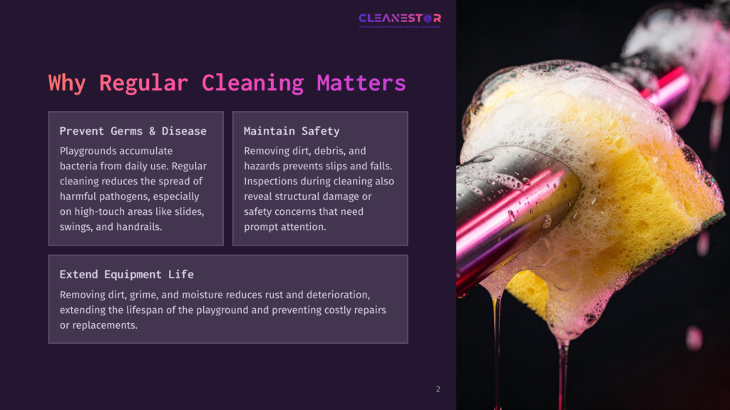 2 Why Regular Cleaning Matters 47 A Yellow Sponge With White Suds Cleans A Shiny Metal Pole, With A Blurry Pink Object In The Background. Text On The Left Reads &Quot;Why Regular Cleaning Matters,&Quot; And Details About Preventing Germs, Maintaining Safety, And Extending Equipment Life.
