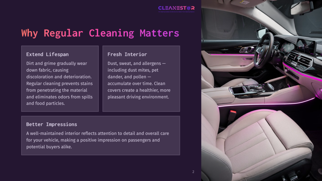 Interior Of A Luxury Car With Clean, Light-Colored Leather Seats, Ambient Lighting, And A Modern Dashboard. Text Overlay Reads &Quot;Cleanestor&Quot; And &Quot;Why Regular Cleaning Matters&Quot;.