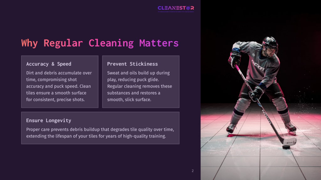 2 Why Regular Cleaning Matters 52 A Hockey Player In A Grey Uniform Skates Across A Polished Floor Under Dramatic Pink Lighting, Holding A Hockey Stick. The Image Is Part Of A Presentation About Regular Cleaning.