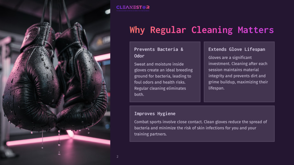 2 Why Regular Cleaning Matters 53 Close-Up Of Black Boxing Gloves Hanging In A Gym, With Water Droplets And Neon Pink Lighting, Next To Text About Why Regular Cleaning Matters For Combat Sports Hygiene.