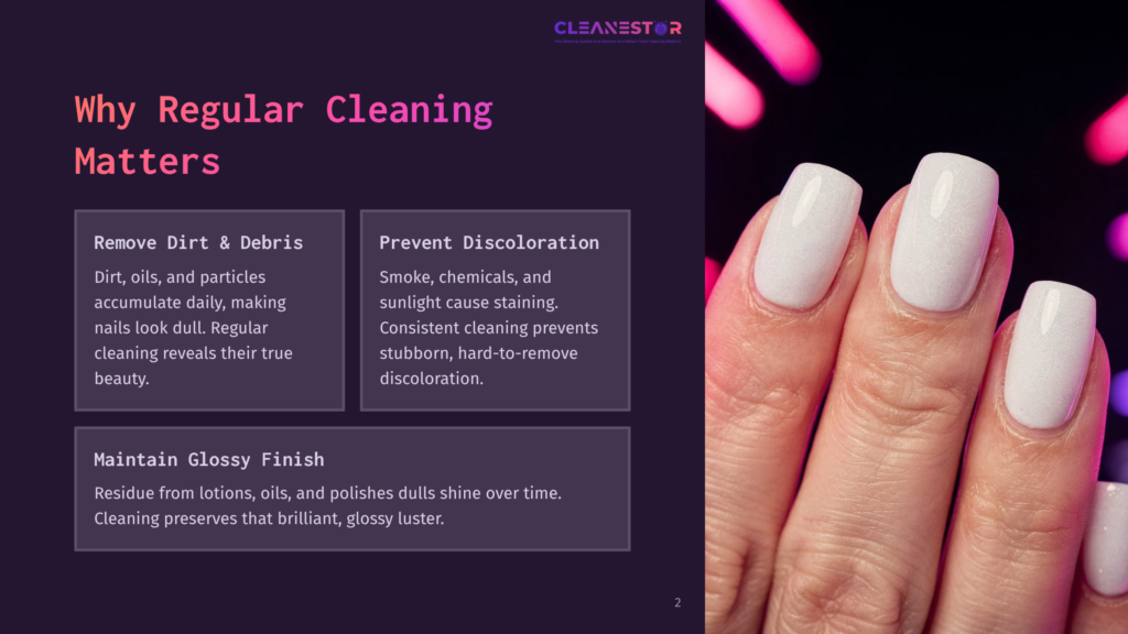 2 Why Regular Cleaning Matters 54 Close-Up Of A Woman'S Hands With Perfectly Manicured, Glossy White Nails. The Nails Are Smooth And Reflective, Showcasing A Clean And Polished Look. The Background Is Dark And Slightly Blurred, With Hints Of Pink And Purple Light.