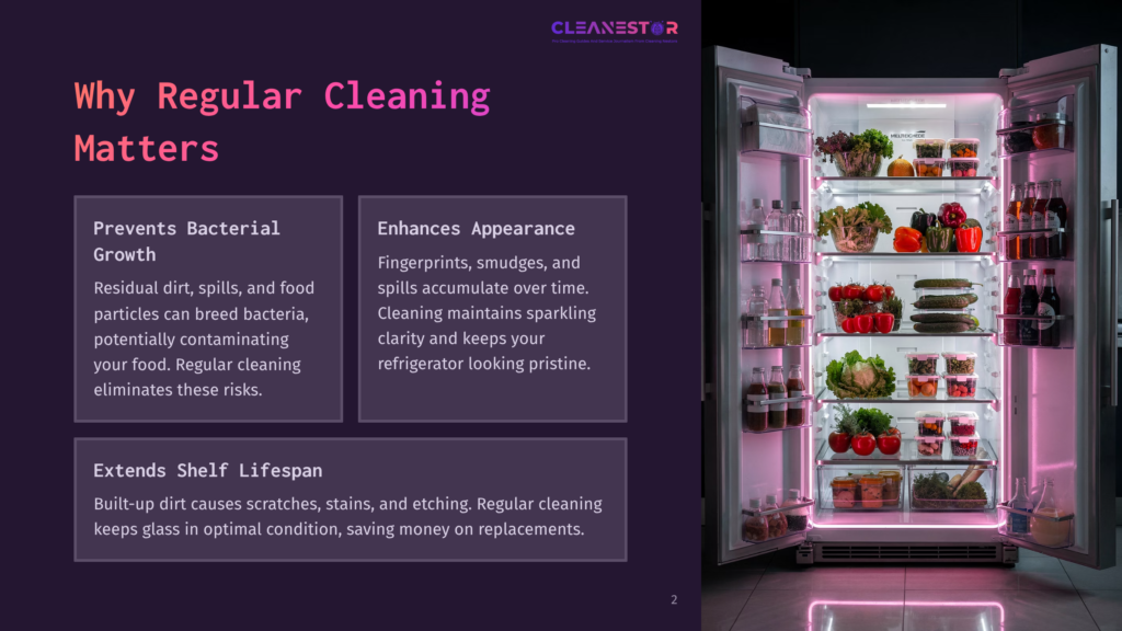 A Pristine, Brightly Lit Refrigerator With Pink Led Lighting, Showcasing Organized Shelves Filled With Fresh Produce, Drinks, And Food Containers. Text Overlay Reads &Quot;Cleanestor&Quot; And &Quot;Why Regular Cleaning Matters&Quot;.