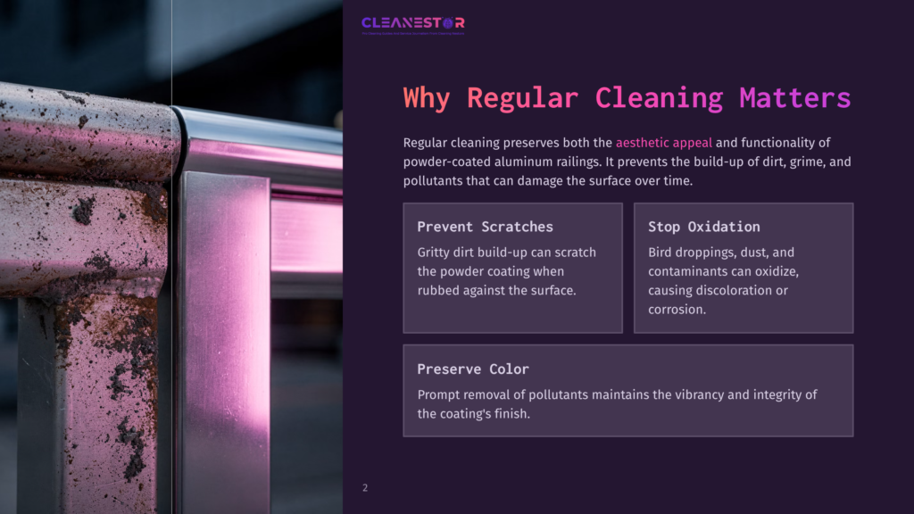 Close-Up Of A Shiny, Powder-Coated Aluminum Railing With A Gradient Pink And Purple Background, Highlighting Its Smooth Surface And Cleanliness.
