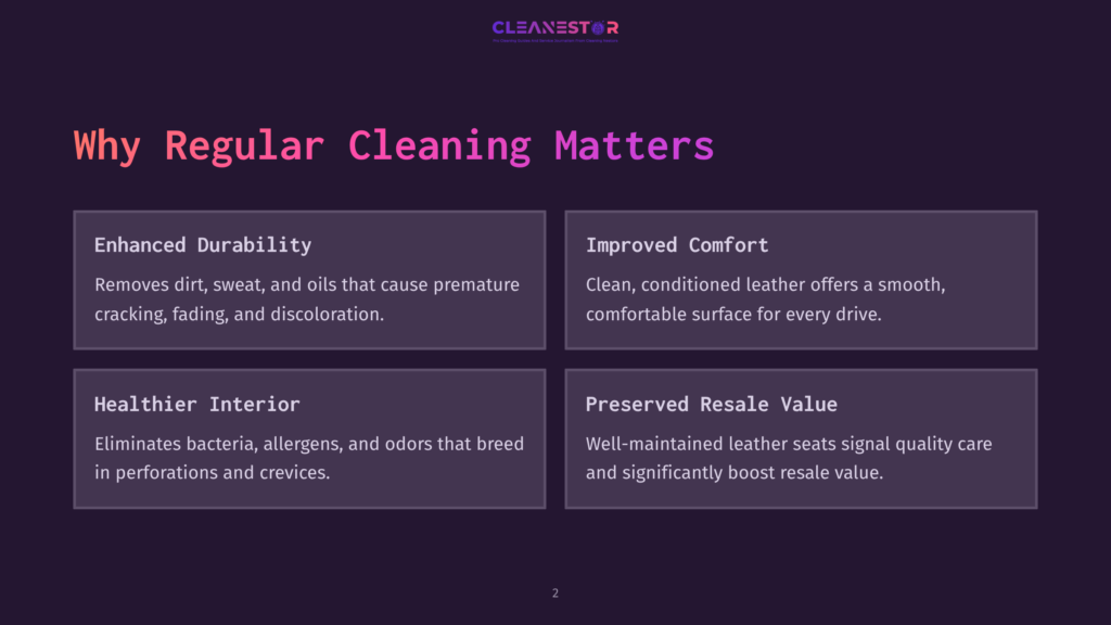 A Dark Purple Background Features A Presentation Slide Titled &Quot;Why Regular Cleaning Matters&Quot; With Four Boxes Detailing Benefits Like &Quot;Enhanced Durability,&Quot; &Quot;Improved Comfort,&Quot; &Quot;Healthier Interior,&Quot; And &Quot;Preserved Resale Value.