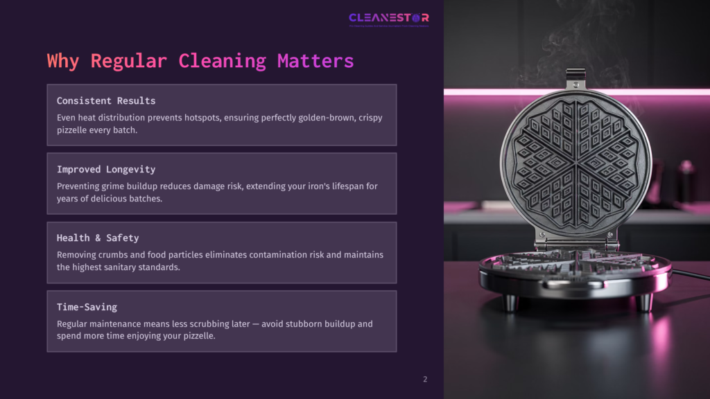A Modern, Open Waffle Maker With A Silver Finish, Ready To Cook, With A Blurred Background Featuring Purple And Pink Neon Lights And A Subtle Steam Effect. Text Overlay: &Quot;Cleanestar&Quot; Logo And &Quot;Why Regular Cleaning Matters&Quot;.