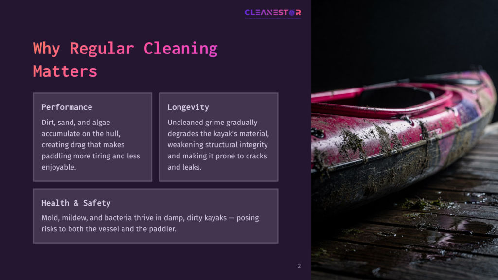 2 Why Regular Cleaning Matters 65 A Close-Up Of A Dirty, Pink Kayak Resting On Wet Wooden Planks, With Mud And Algae Caked Onto Its Hull. The Image Highlights The Effects Of Regular Cleaning On Kayak Performance And Longevity.