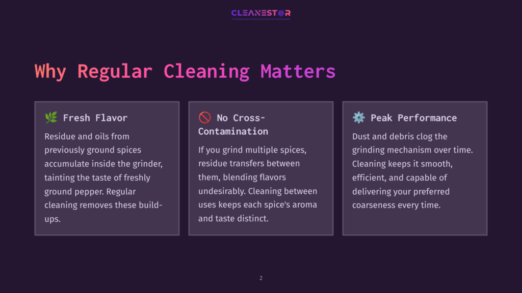 Infographic Titled &Quot;Why Regular Cleaning Matters&Quot; With Three Columns: &Quot;Fresh Flavor,&Quot; &Quot;No Cross-Contamination,&Quot; And &Quot;Peak Performance,&Quot; Highlighting Benefits Of Cleaning Spice Grinders.