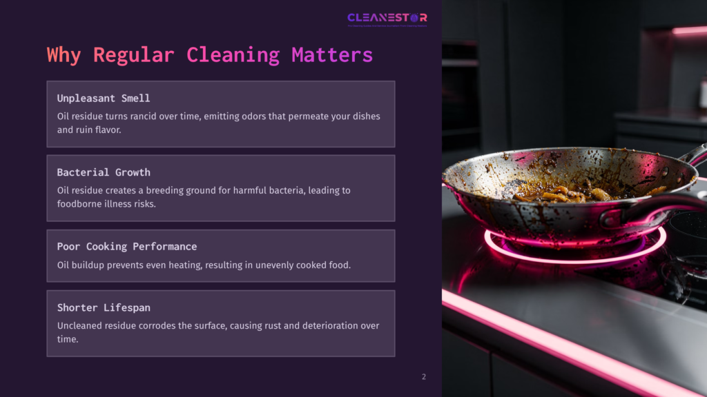 Close-Up Of A Dirty Kadai With Oily Residue, Surrounded By Text Boxes Highlighting Cleaning Importance, Set Against A Dark Kitchen Background.