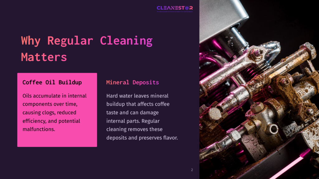 2 Why Regular Cleaning Matters 70 Close-Up Of A Dirty, Grimy Coffee Machine Interior With Significant Coffee Oil Buildup And Mineral Deposits On Metal Components, Highlighting The Need For Regular Cleaning.