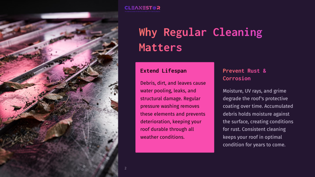 2 Why Regular Cleaning Matters 71 Close-Up Of A Metal Roof Covered In Fallen Leaves And Debris, With A Pink Overlay And Text From A Cleanestor Ad About Extending Roof Lifespan And Preventing Rust.