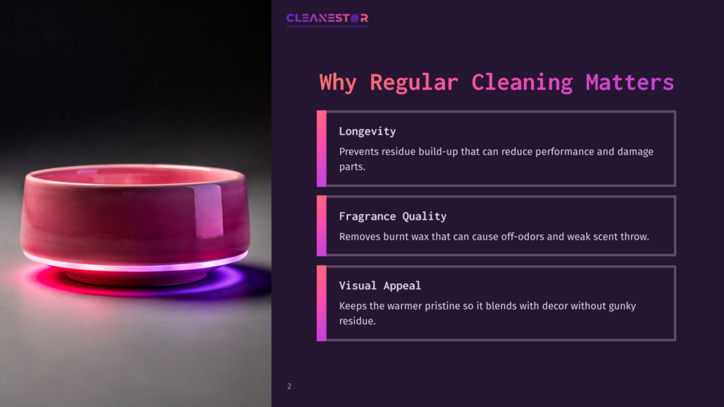 2 Why Regular Cleaning Matters 72 Close-Up Of A Pink Ceramic Bowl With A Glowing Purple Light Emanating From Its Base, Set Against A Dark, Moody Background. The Text &Quot;Cleanestor&Quot; And &Quot;Why Regular Cleaning Matters&Quot; Is Visible.