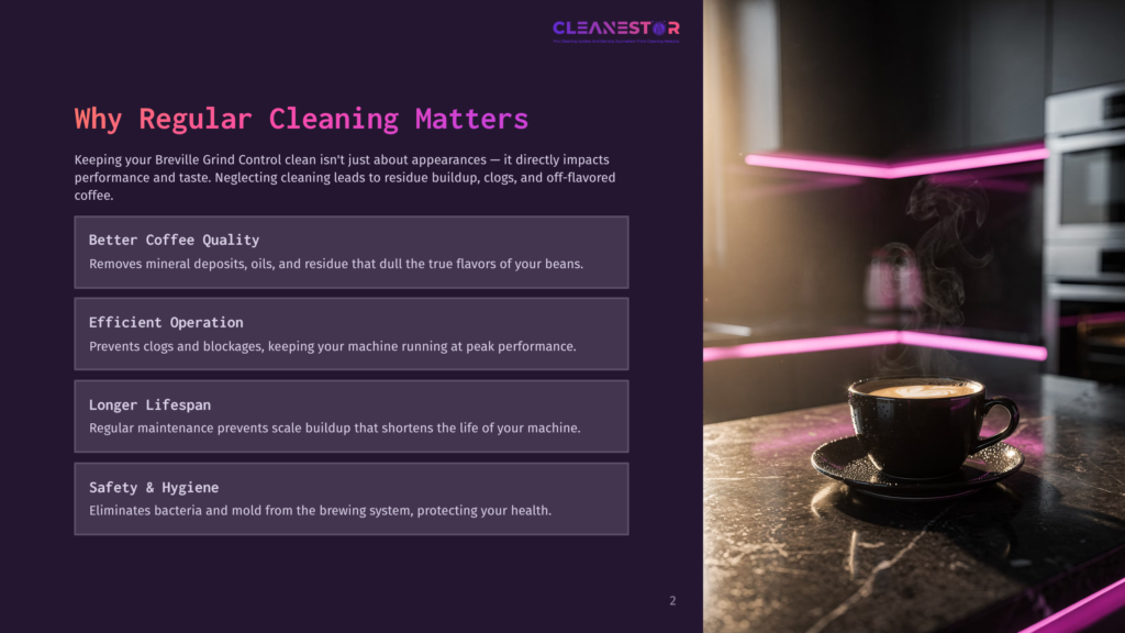 2 Why Regular Cleaning Matters 74 A Steaming Cup Of Black Coffee Sits On A Dark, Glossy Countertop, Illuminated By Bright Pink Led Lights. The Background Shows A Modern Kitchen With Stainless Steel Appliances. The Text &Quot;Cleanestor&Quot; Is Visible At The Top.
