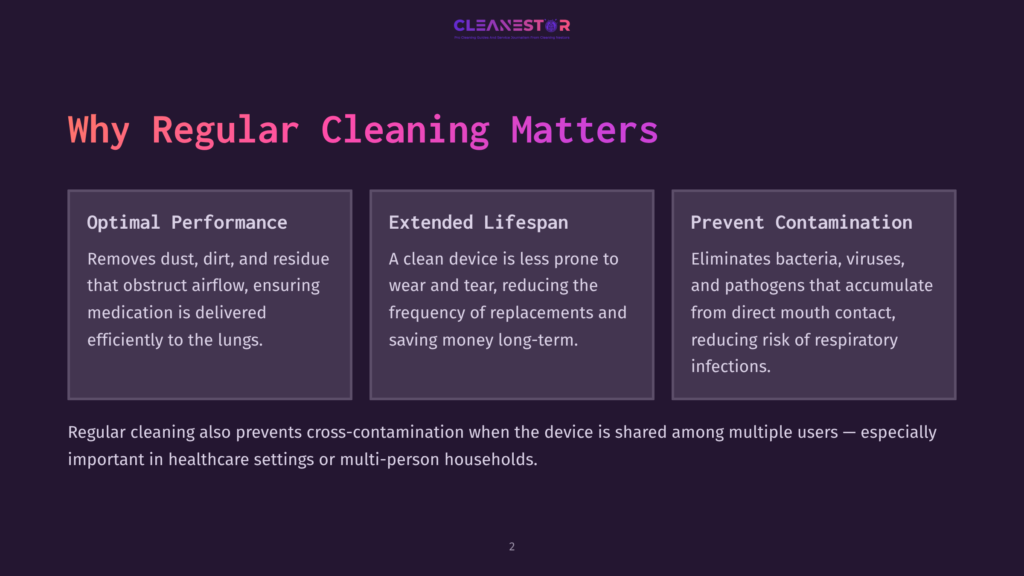 A Dark Purple Background With The Cleanestor Logo At The Top. Three Dark Grey Boxes With White Text Explain The Benefits Of Regular Cleaning: &Quot;Optimal Performance,&Quot; &Quot;Extended Lifespan,&Quot; And &Quot;Prevent Contamination.