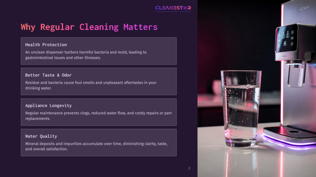 2 Why Regular Cleaning Matters 78 A Modern, Sleek Water Dispenser With Glowing Purple Accents Sits Next To A Glass Of Clear Water. Text Overlay Reads &Quot;Cleanestor&Quot; And &Quot;Why Regular Cleaning Matters.