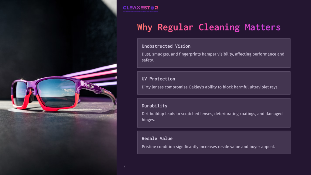 Colorful Sunglasses With Purple Frames And Red Accents Rest On A Dark Surface, Beside Text Boxes Detailing Cleaning Benefits And Tips.