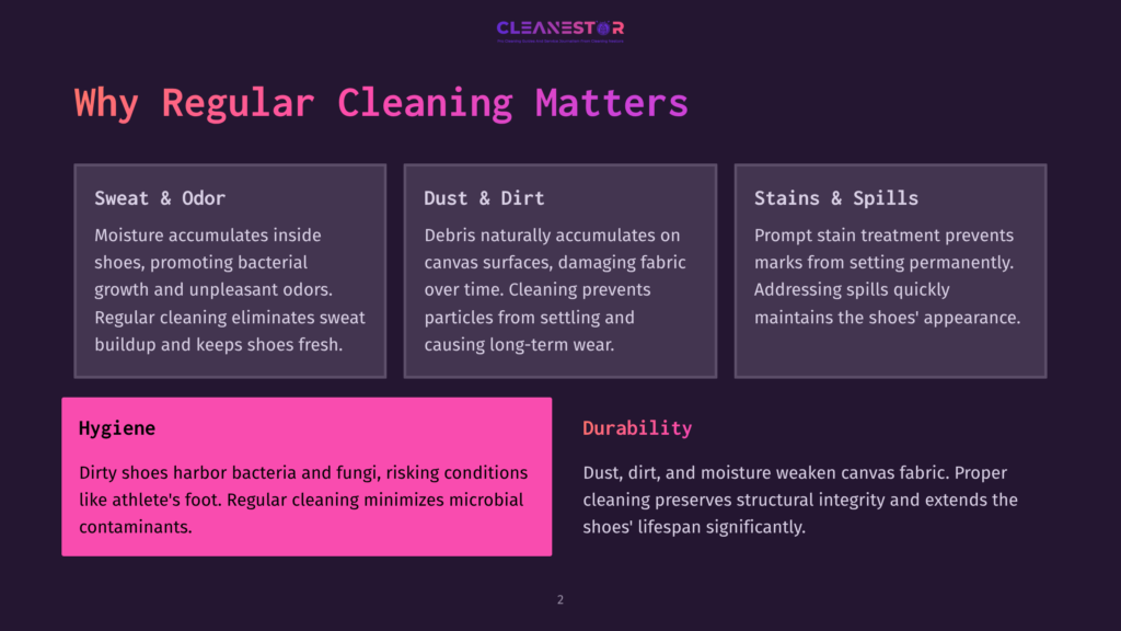 2 Why Regular Cleaning Matters 82 Cleanestor Logo Above A Graphic Detailing Why Regular Cleaning Matters For Shoes, Covering Sweat, Odor, Dust, Dirt, Stains, Spills, Hygiene, And Durability.