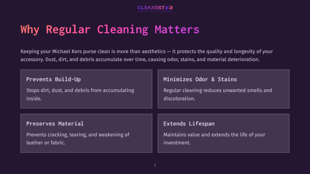 Infographic Titled &Quot;Why Regular Cleaning Matters&Quot; With Four Sections: &Quot;Prevents Build-Up,&Quot; &Quot;Minimizes Odor &Amp; Stains,&Quot; &Quot;Preserves Material,&Quot; And &Quot;Extends Lifespan,&Quot; Explaining The Benefits Of Cleaning Michael Kors Purses.