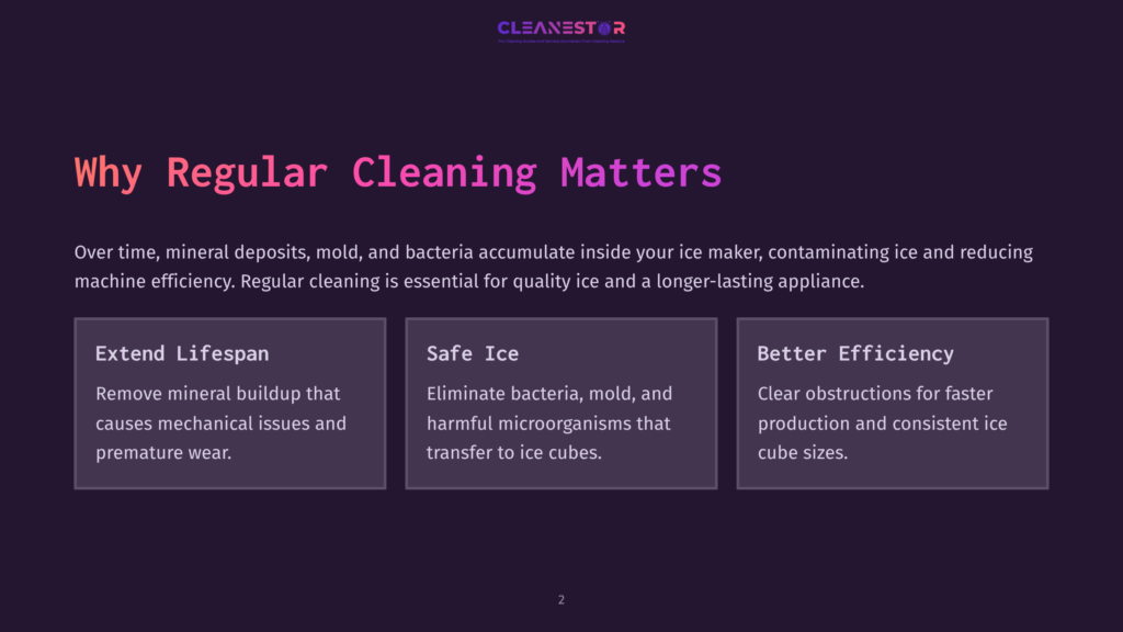 2 Why Regular Cleaning Matters 85 Dark Background With The Text &Quot;Why Regular Cleaning Matters&Quot; In Large, Bold White And Purple Font. Below, Three Boxes Detail Benefits: &Quot;Extend Lifespan,&Quot; &Quot;Safe Ice,&Quot; And &Quot;Better Efficiency,&Quot; With Descriptive Text About Ice Maker Maintenance.