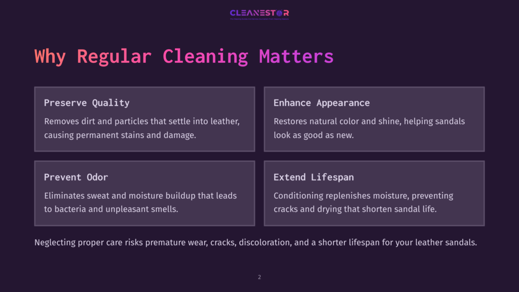2 Why Regular Cleaning Matters 87 Infographic Detailing The Benefits Of Regular Cleaning For Leather Items, Including Preserving Quality, Enhancing Appearance, Preventing Odor, And Extending Lifespan. Text Highlights Risks Of Improper Care.