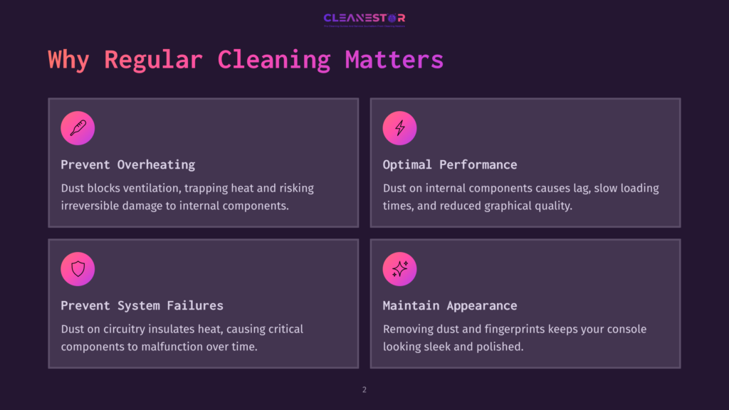 Four Informative Boxes With Icons On A Dark Purple Background. Topics Include Overheating Prevention, Performance, System Failures, And Appearance Maintenance.