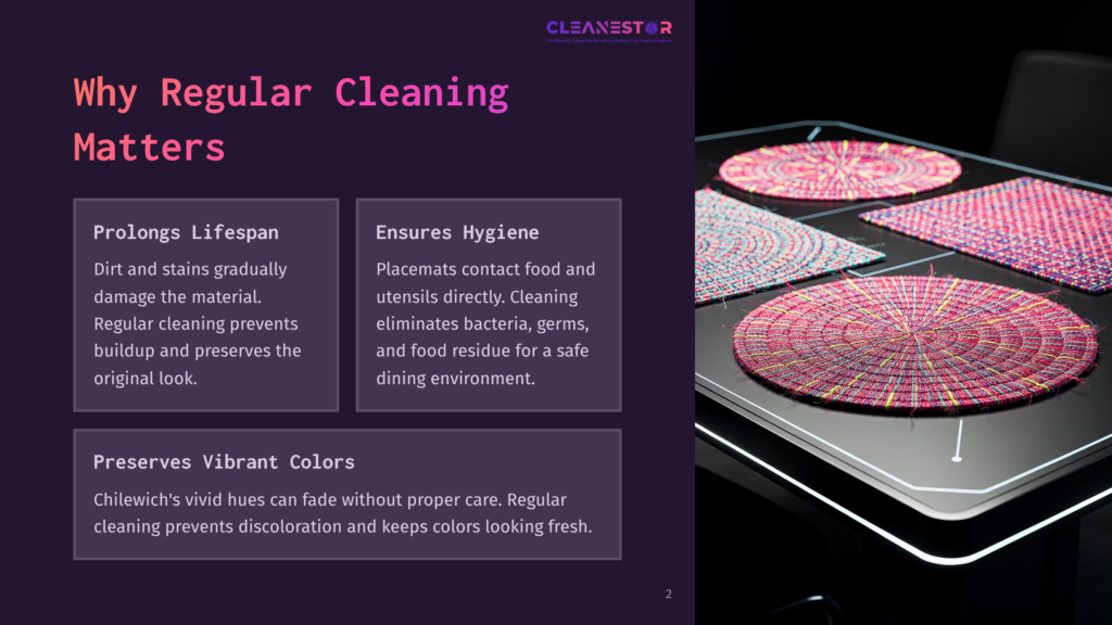 Close-Up Of Colorful Woven Table Mats With Intricate Patterns On A Sleek, Modern Glass Table, Highlighting The Importance Of Regular Cleaning For Preserving Vibrant Colors.