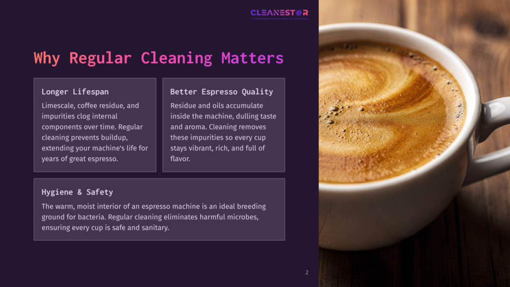 A Close-Up Of A Freshly Brewed Espresso With Rich Crema, Set Against A Dark, Textured Background. The Text &Quot;Cleanestar&Quot; Is Visible At The Top.