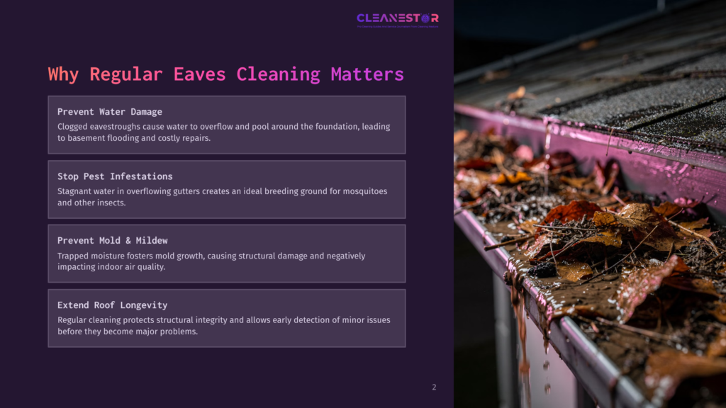 A Close-Up Of A Roof'S Eaves With Autumn Leaves And Debris, Highlighting The Importance Of Regular Cleaning For Prevention.
