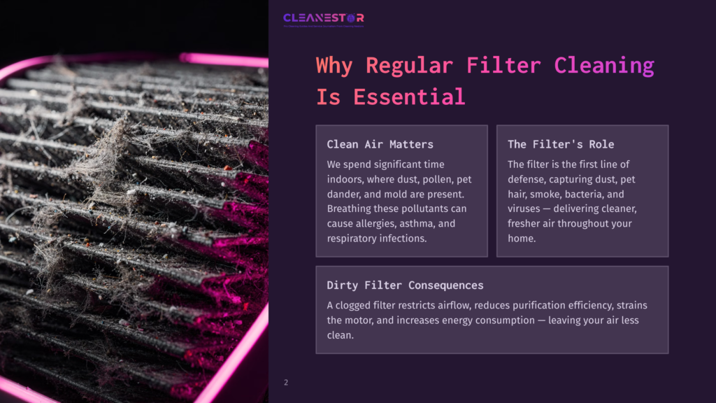 Close-Up Of A Dirty Air Purifier Filter, Showcasing Dark Grime On Its Surface, With Pink Lighting Highlighting Its Texture And Shape.
