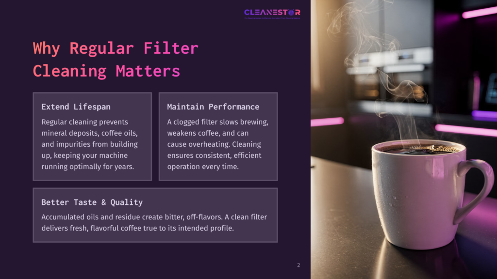 A Steaming Coffee Cup Sits Beside A Purple And Gray Block Of Text Outlining Filter Cleaning Benefits For A Coffee Maker.