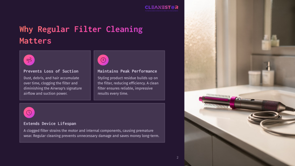 A Close-Up Of A Pink And Black Hair Styling Tool, Likely A Dyson Airwrap, Rests On A White Countertop Next To A Sink And A Blurred Background Of A Bathroom. Text On The Left Side Of The Image Reads &Quot;Why Regular Filter Cleaning Matters,&Quot; With Bullet Points About Preventing Loss Of Suction, Maintaining Peak Performance, And Extending Device Lifespan.
