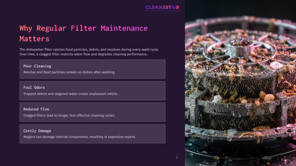 A Close-Up Of A Dirty Dishwasher Filter, Highlighting Debris And Discoloration, With Text Explaining The Importance Of Regular Maintenance.