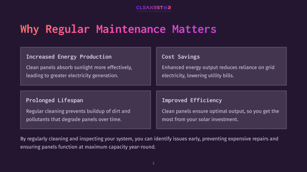 Infographic Titled &Quot;Why Regular Maintenance Matters&Quot; Showing Four Panels: &Quot;Increased Energy Production,&Quot; &Quot;Cost Savings,&Quot; &Quot;Prolonged Lifespan,&Quot; And &Quot;Improved Efficiency.