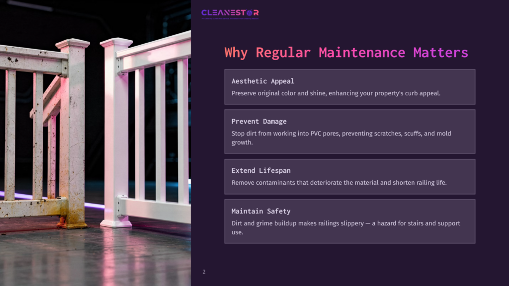 Cleanestor Logo And Text &Quot;Why Regular Maintenance Matters&Quot; Over A Close-Up Of A White Railing With A Pink And Blue Light Effect.