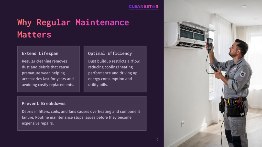 A Man In Work Clothes Inspects An Indoor Air Conditioning Unit, Holding A Tool. The Image Is Split, With The Right Side Showing The Ac Unit And The Technician, And The Left Side Featuring Text About &Quot;Why Regular Maintenance Matters,&Quot; Including &Quot;Extend Lifespan&Quot; And &Quot;Optimal Efficiency.