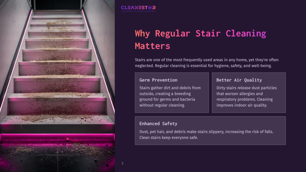 Staircase With Visible Dirt And Debris, Highlighting The Importance Of Regular Cleaning For Hygiene And Safety.