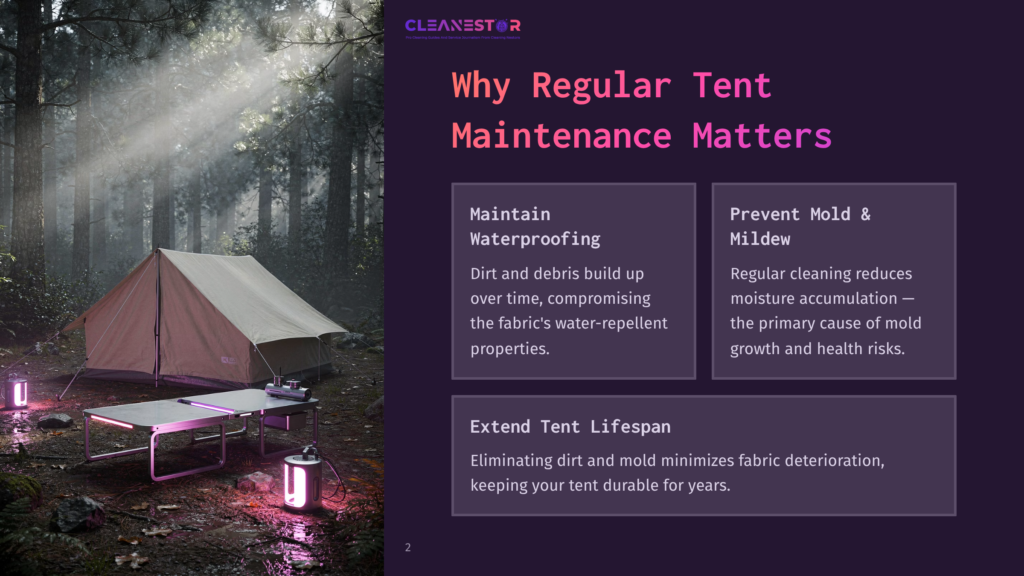 2 Why Regular Tent Maintenance Matters A Neutral-Colored Canvas Tent Is Pitched In A Forest, With A Campsite Table And Bench Illuminated By Pink Lights. Text Highlights Tent Maintenance Benefits.
