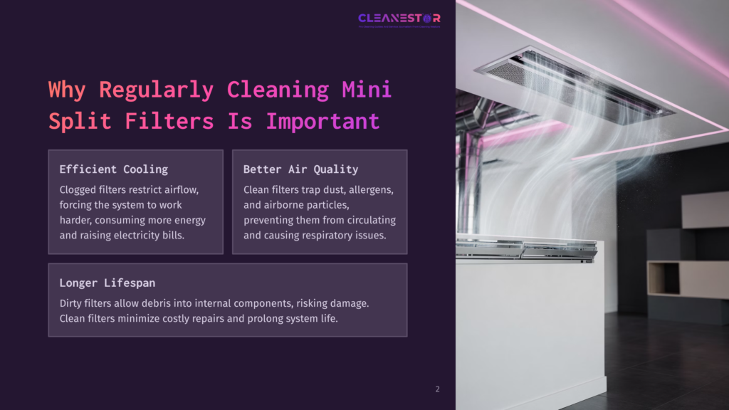 A Split System Air Conditioner Filter With Pink Air Flowing Through It, With Text About &Quot;Why Regularly Cleaning Mini Split Filters Is Important&Quot; And &Quot;Better Air Quality&Quot;.