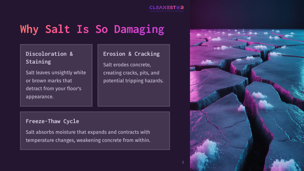 2 Why Salt Is So Damaging Presentation Slide Featuring A Purple Background With Text Boxes Outlining Salt'S Damaging Effects, Alongside A Cracked, Icy Garage Floor.