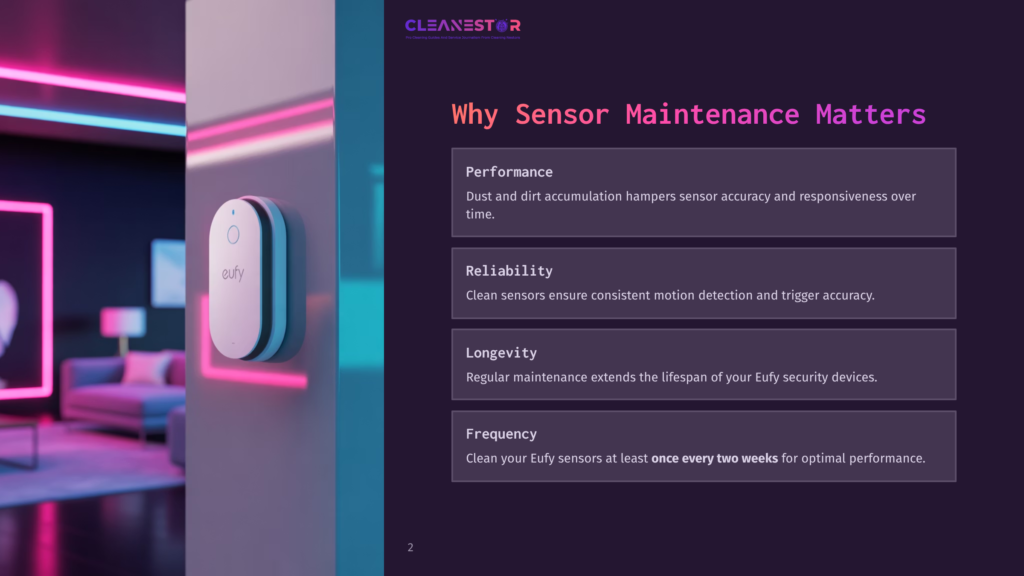A Eufy Security Sensor Is Mounted On A Wall In A Modern Living Room With Neon Lighting. The Image Highlights The Sensor'S Design And The Importance Of Sensor Maintenance, With Text Overlays Detailing Performance, Reliability, Longevity, And Frequency.