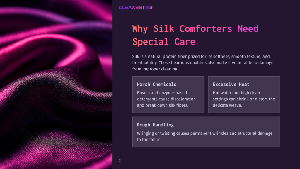 A Deep Purple Silk Fabric Drapes Elegantly, Showcasing Its Smooth Texture, Alongside Text Detailing Care Tips For Silk Comforters.