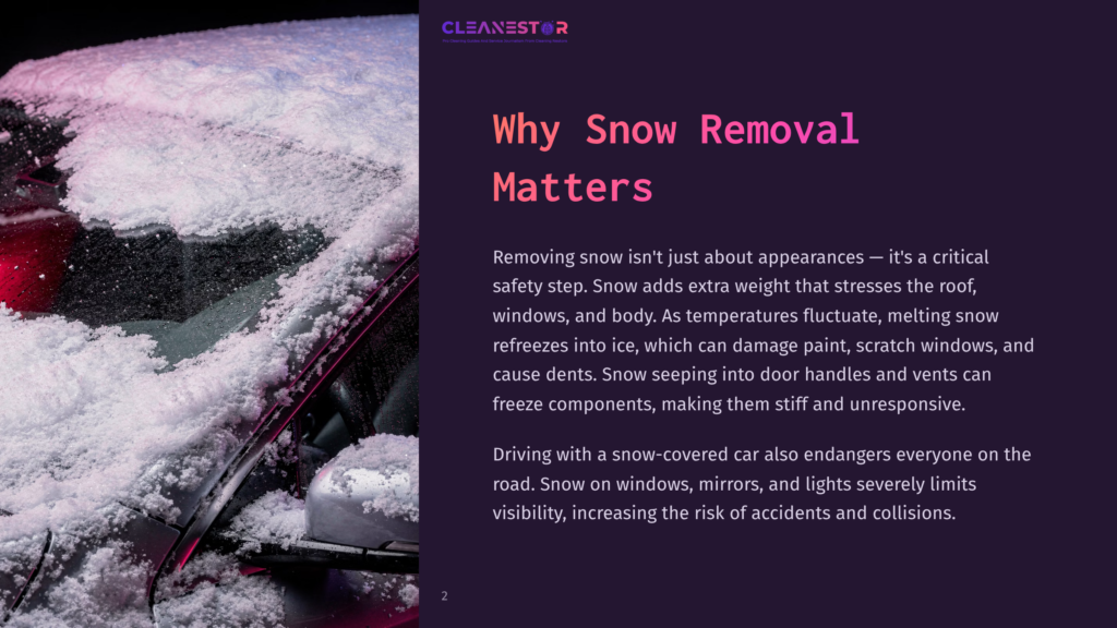 A Car Covered In Snow With A Windshield And Side Mirror Visible; Pink And Purple Text Highlights The Importance Of Snow Removal.