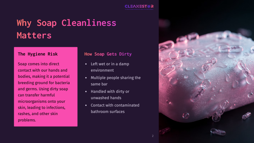 2 Why Soap Cleanliness Matters A Close-Up Of A Wet Bar Of Soap With Water Droplets, On A Dark, Reflective Surface. Text Overlay Reads &Quot;Cleanestar&Quot; And &Quot;Why Soap Cleanliness Matters&Quot;.
