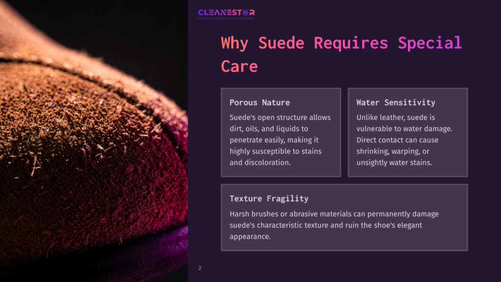 Close-Up Of Brown Suede Shoe Texture With Text Overlay: &Quot;Why Suede Requires Special Care&Quot;, Detailing Its Porous Nature And Water Sensitivity.