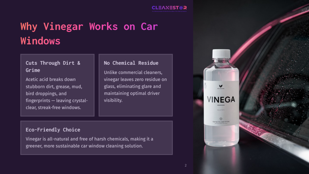 A Clear Bottle Of Vinegar Next To A Car Window With Raindrops, Featuring Text In Pink And White Outlining Benefits Of Cleaning With Vinegar.