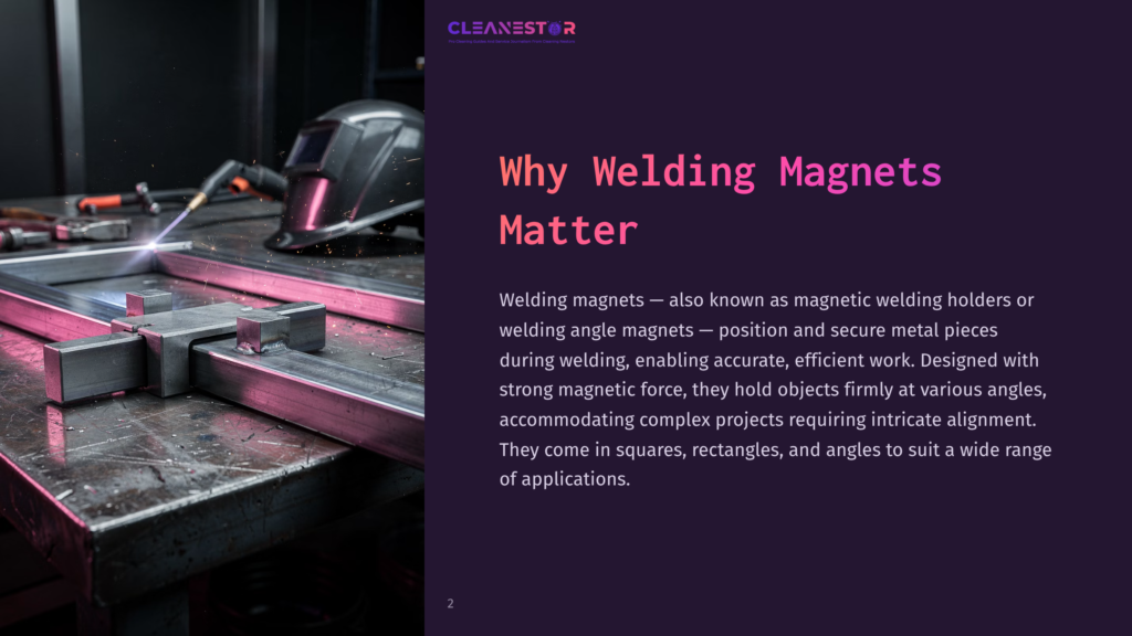 A Welding Magnet Holds Two Metal Pieces Together At A Right Angle On A Workbench, With A Welding Torch And Helmet Nearby, Sparks Flying From The Weld.