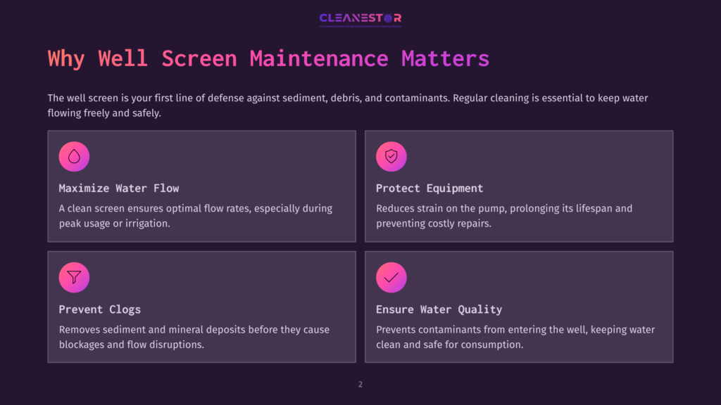 Four Purple Boxes On A Dark Background Highlight Well Screen Maintenance Benefits: Maximizing Water Flow, Protecting Equipment, Preventing Clogs, And Ensuring Water Quality.